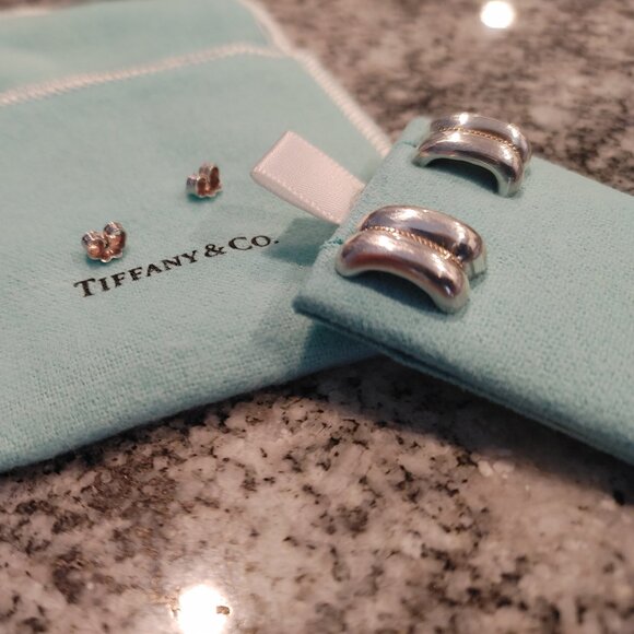 Tiffany & Co. Sterling Silver and 14K Yellow Gold Rope Stud Earrings with pouch - Picture 3 of 16